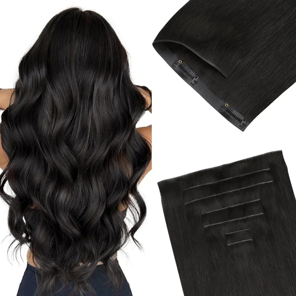 GOO GOO Invisi Edge Clip in Human Hair Extensions 16inch Seamless Natural Black